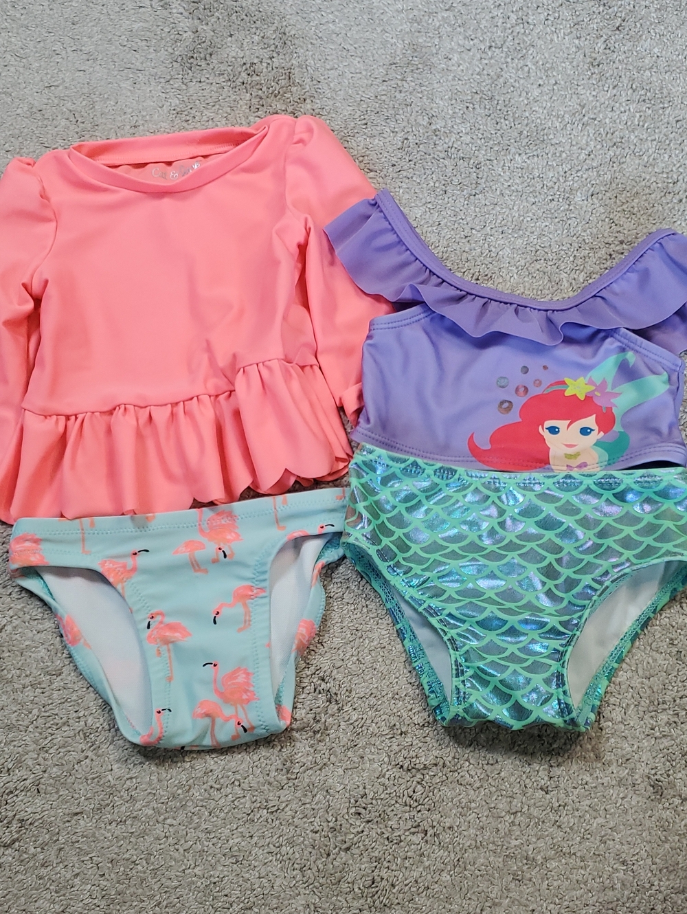 Infant Girls Coral Flamingo Ruffle & Purple Mermaid 2-Piece Swimsuits. 3-6 & 6-9